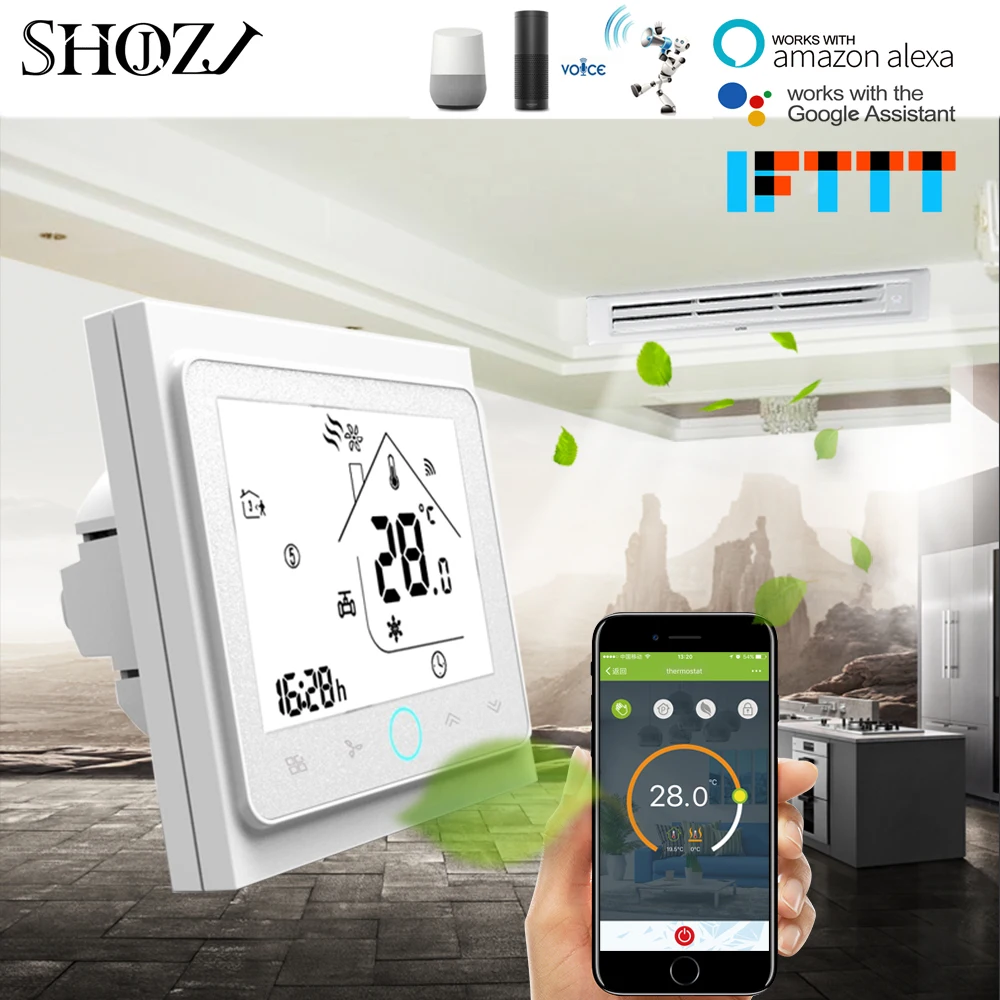 Tuya-Temperatura Fan Coil Controller Unit, Wi-Fi Ar Condicionado Termostato, 3 Velocidade, Trabalhar com Alexa, Google Home, 2 Pipe, 4 Pipe