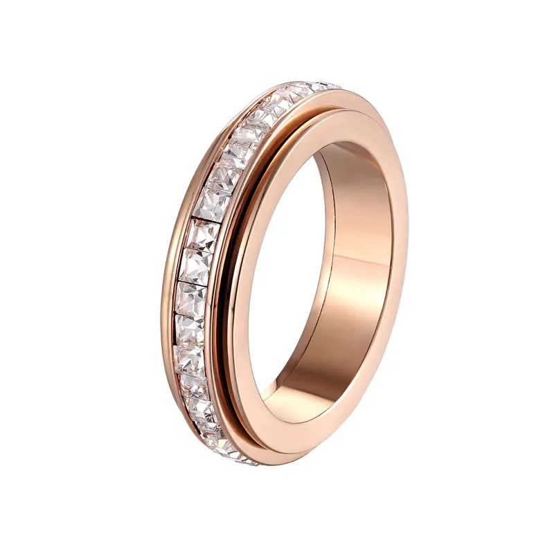 New Rotating Shiny Circle Square Crystal Ring for Women Titanium Steel Gold Color Luxury Famous Brand Jewelry Love Ring Gift