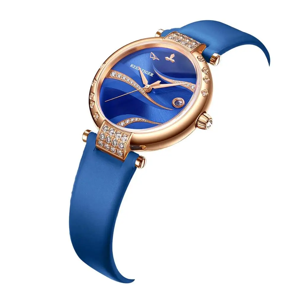 Reef Tiger/RT Luxury Fashion Women Stainless Steel Diamond Dial Rose Gold Case Blue Dial Leather Band Watches RGA1589