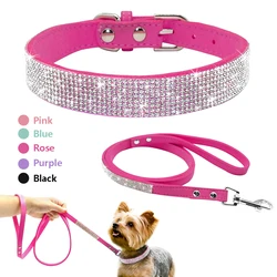 Didog Suede Leather Puppy Dog Collar Leash Set Adjustable Rhinestone Cat Collars Walking Leashes For Small Medium Pets XS S M