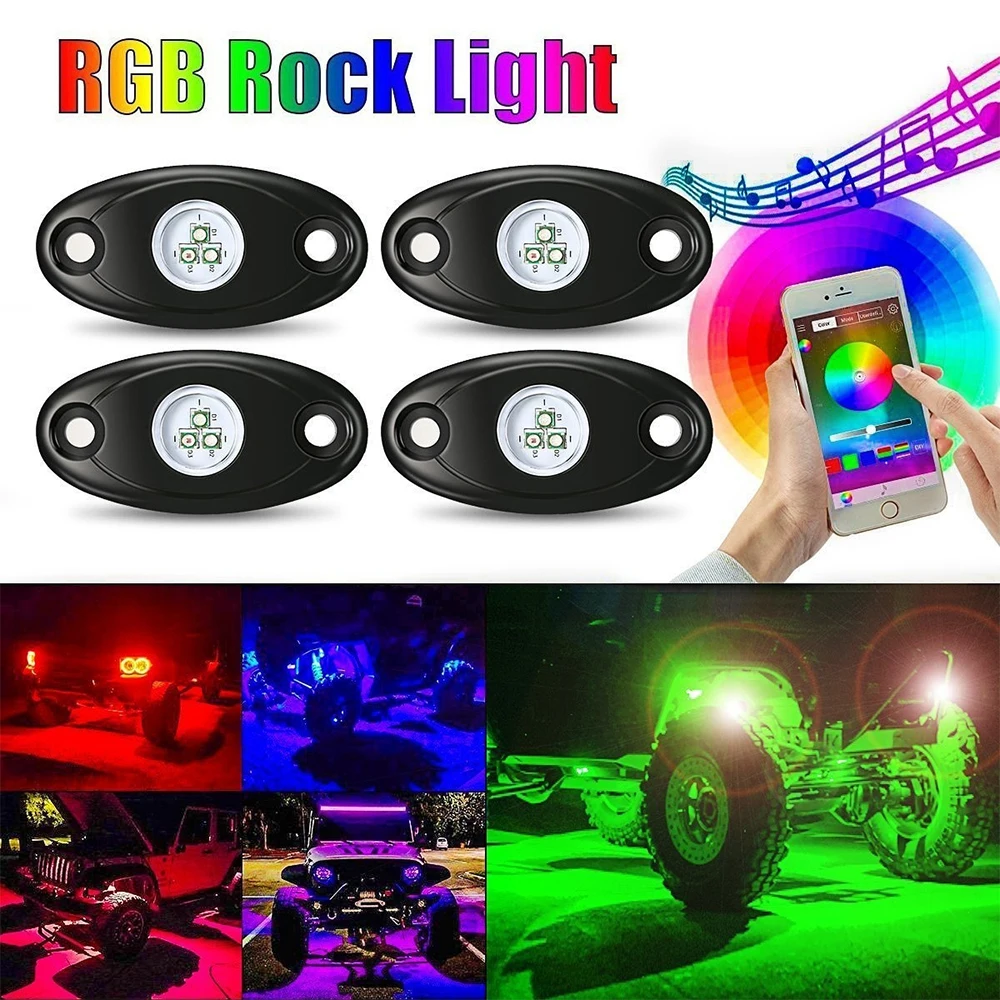 

Car RGB LED Rock Underglow Lights Kit Underbody Waterproof Trail Rig Neon Lights Kit with Cell Phone APP Mini Blue tooth