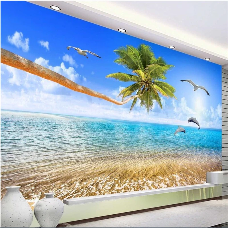 wellyu papel de parede 3d custom wallpaper  Beautiful sea view coconut love dolphin TV backdrop wall tapety behang  stickers