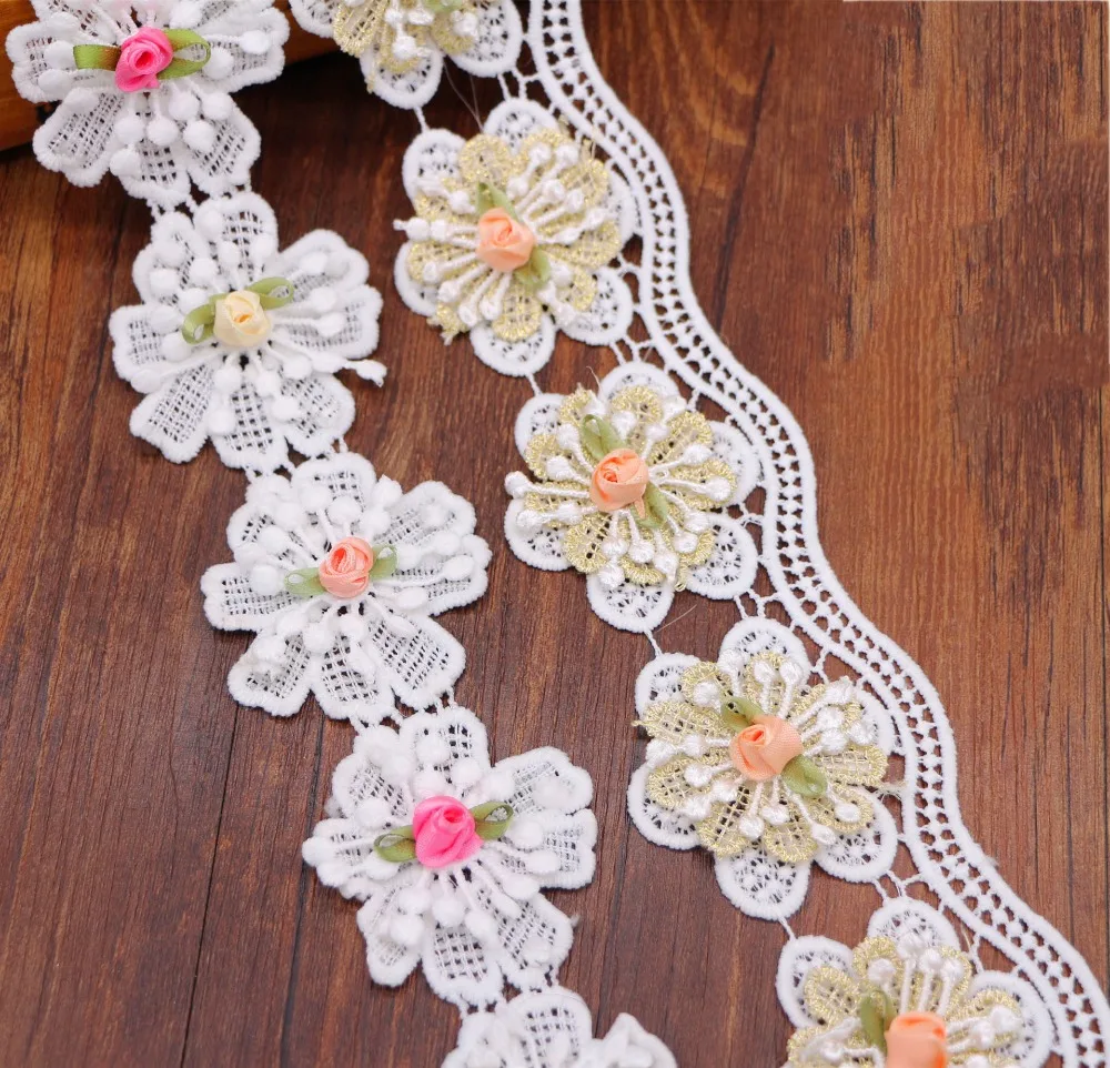 

1 Yard Soluble Multicolor Rose Flowers Pearl Embroidered Lace Trim Ribbon Fabric Handmade Sewing Craft For Costume Hat DIY Decor
