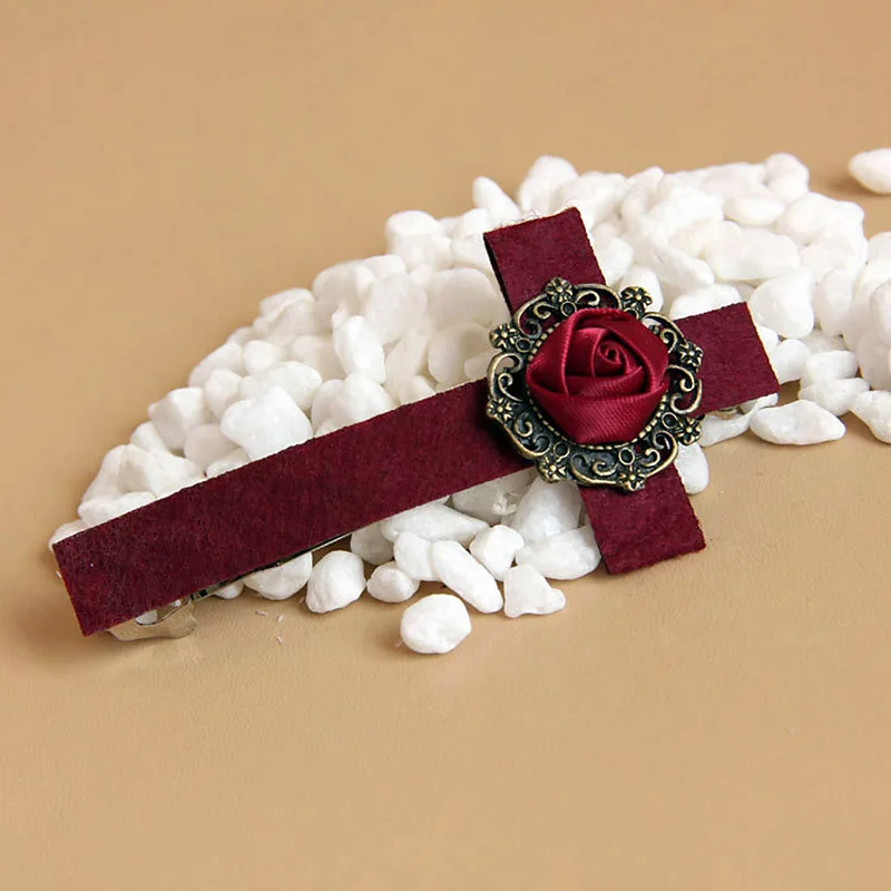 المرأة شيك اليدوية 3.3 بوصة زهرة حمراء ارتفع الصليب إكسسوارات الشعر كليب دبوس باريت تأثيري مصاص دماء القوطية لوليتا الطرف