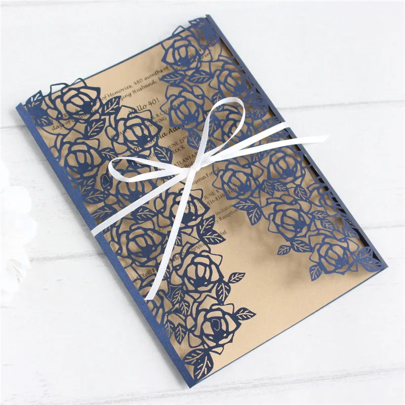 

Rose leaf invitations royal blue soft pink white laser lace wedding cards champagne insert personalized printing 50pcs