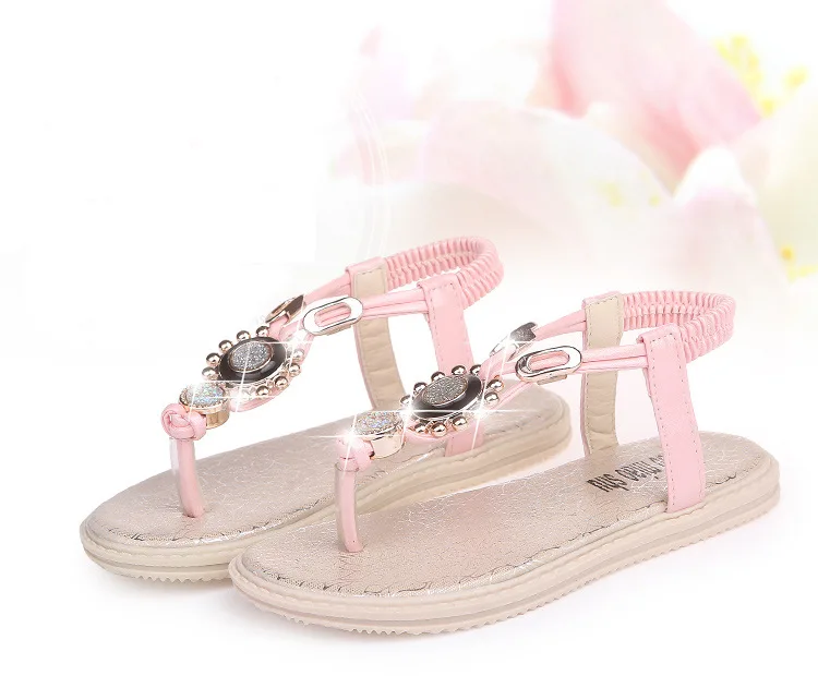 Semua Ukuran 21-35 Sandal Bayi Perempuan Musim Panas Gadis Flip Jepit Pantai Sandal Emas Rhineston Manik-manik Anak-anak Bohemia Datar sandal