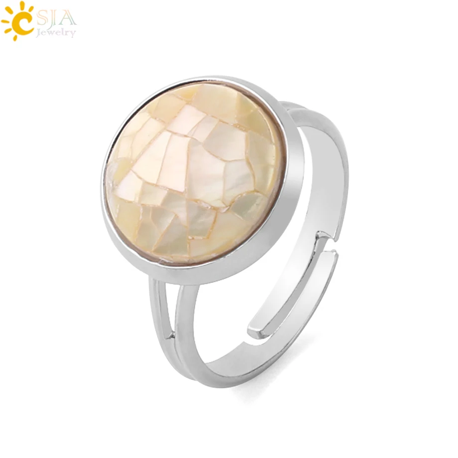 CSJA Round Natural Seashell Ring Pink White Colorful Abalone Shell Adjustable Women Finger Rings Party Daily Summer Jewelry F904