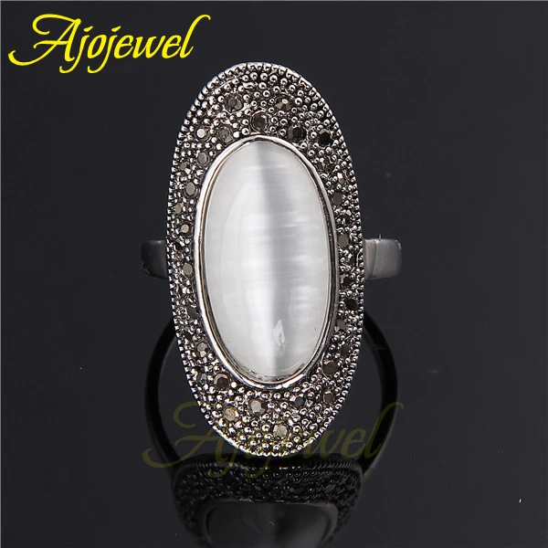 Ajojewel Pave Black Rhinestone Oval Shaped White Opal Stone Rings For Women Vintage Finger Ring Fashion Accessories