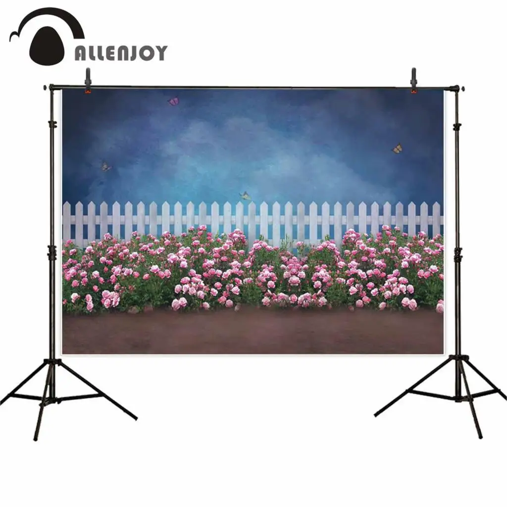 Allenjoy-Fondo de fotografía para estudio fotográfico, telón de fondo de primavera, cielo azul oscuro, valla de mariposa, flor rosa, utilería para sesión fotográfica