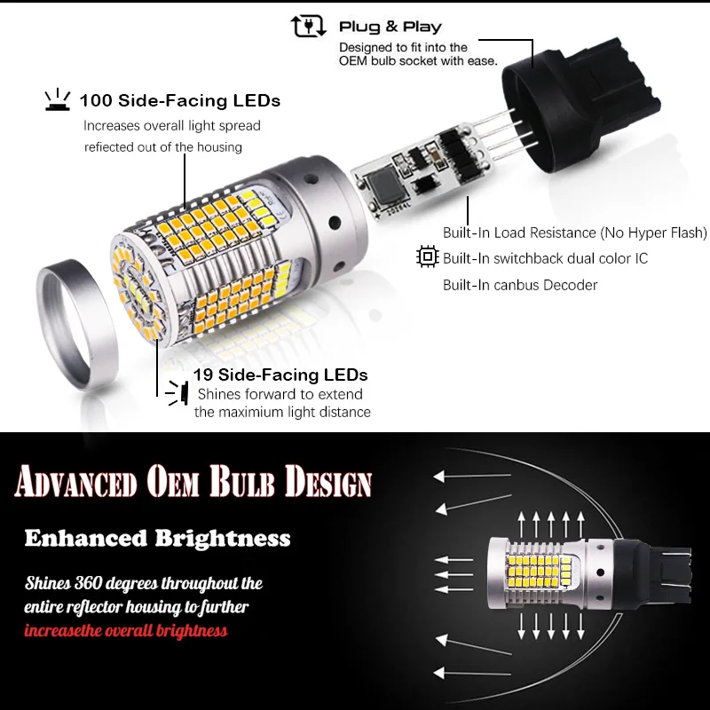 iJDM 7443 LED CANbus No Hyper Flash 44-SMD Switchback Dual Color LED Turn Signal Light Bulbs For Ford F150 F250 F350 or Mustang
