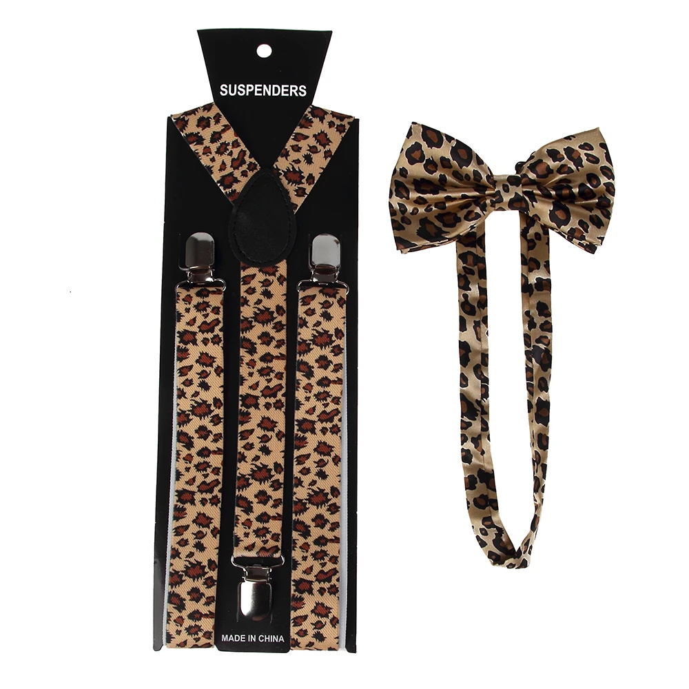 Mode Gele Mannen Vrouwen Bretels Vlinderdas Set 2.5 cm Breed Animal Leopard Bretels Bretels Bowtie Vrouwelijke Bretels