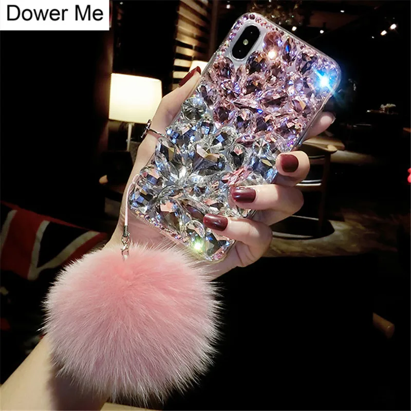 Luxury Fashion Bling Crystal Diamond Case Cover Fox Fur Ball Pendant For Iphone 15 14 13 12 Mini 11 Pro Max XS Max XR X 8 7 Plus