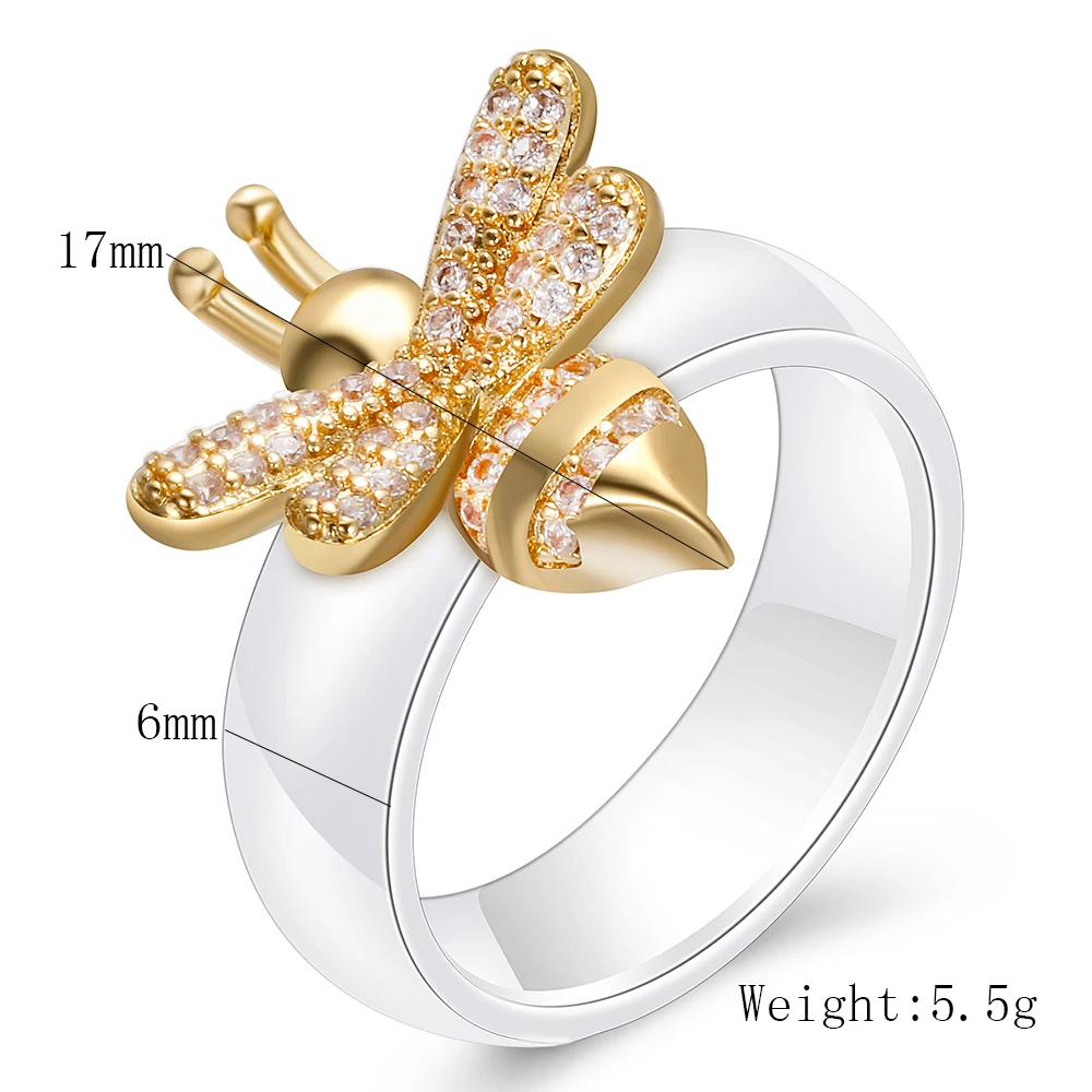 New Fashion Engagement Ring Crystal Bee Rings For Women Black and White Ceramic Wedding Design Gold Color Jewelry Gift Accessori