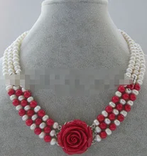 

wholesale 3row 7-8mm natural white freshwater pearl & red coral necklace - flower Bridal Jewelry Crystal Women