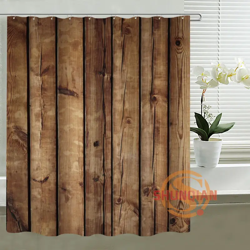 ShunQian Faux Wood Custom Shower Curtain Polyester Fabric Bath Screens Curtains For Bathroom 3D Waterproof Bath Curtain Hooks