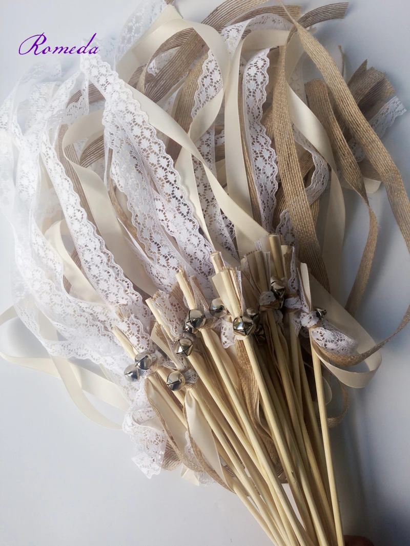 New  30/20/10pcs/lot Champagne + jute + lace wedding Ribbon Wands stick Confetti Stream with big sliver Bells for wedding party