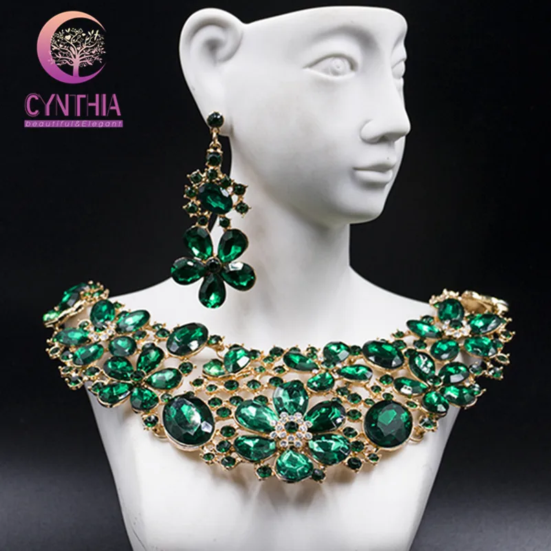 Fashion new arrival jewelry set Austrian crystal necklace and earrings for wedding six colors Luxury gold color Rhinestone