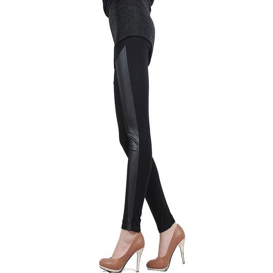 New Slim Fit Women Leggings Splicing Sexy Stretch Stripe Leggins Cotton Faux Leather Legging Pants