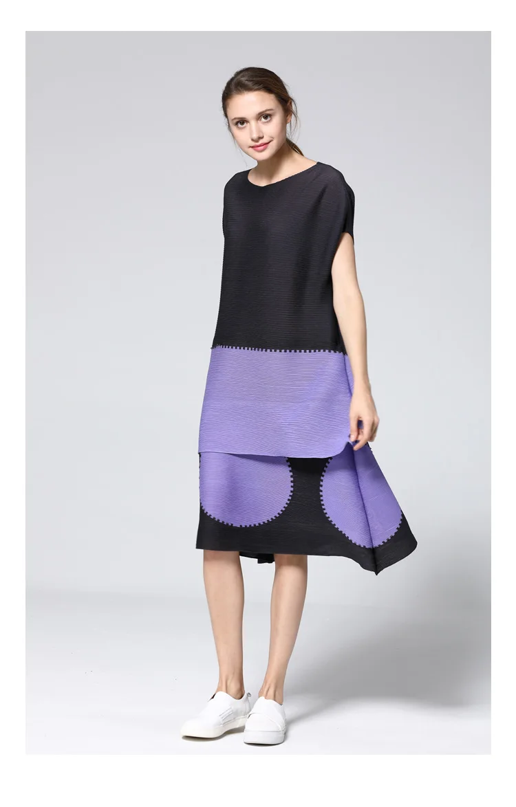 

HOT SELLING Miyake High-end fashion short sleeve patchwork o-NECK dress IN STOCK