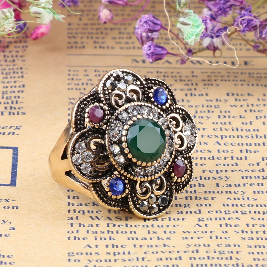 Turkish Antique Gold Crystal Flower Rings For Women Black Stone Silver Color Gothic Ring Vintage Accessories Bohemian Jewelry