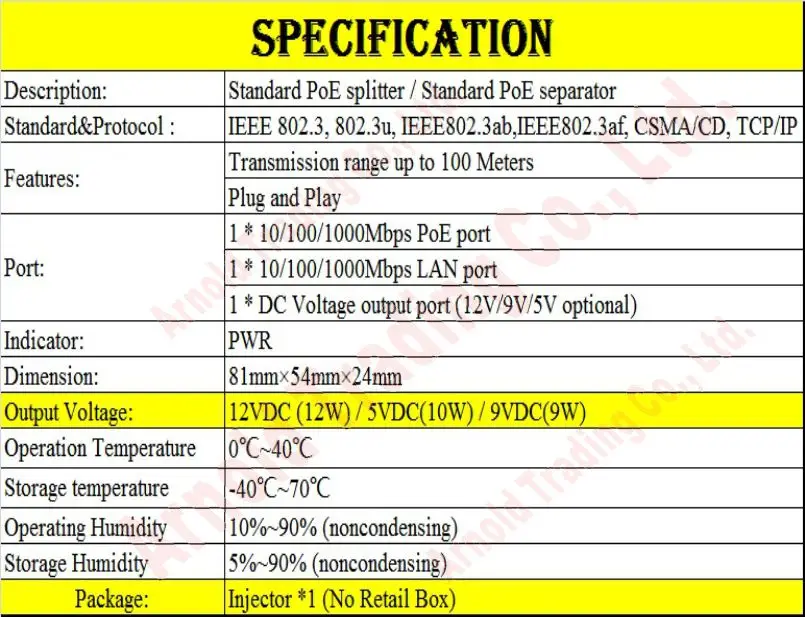 100 meters Standard IEEE802.3-AF POE Separator, Power supply Module PoE Network Power Separator 12V/9V/5V, 1000Mbps POE Splitter