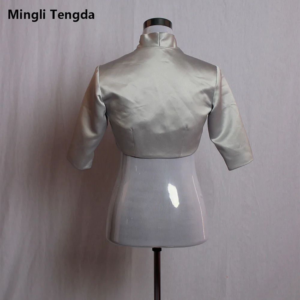 Zilver/Grijs Satin Wedding Bolero/Tippet/Shrug/Bruids Jas/Stola/Wrap Half Mouwen Gevoerd custom Made Mingli Tengda Cape Mantel