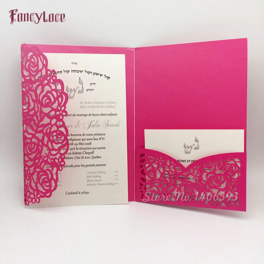 30pcs 2018 Laser Cut Lace Flower Pocket Wedding Invitations Card Personalized Custom Printable with RSVP Cards Wedding Supplies