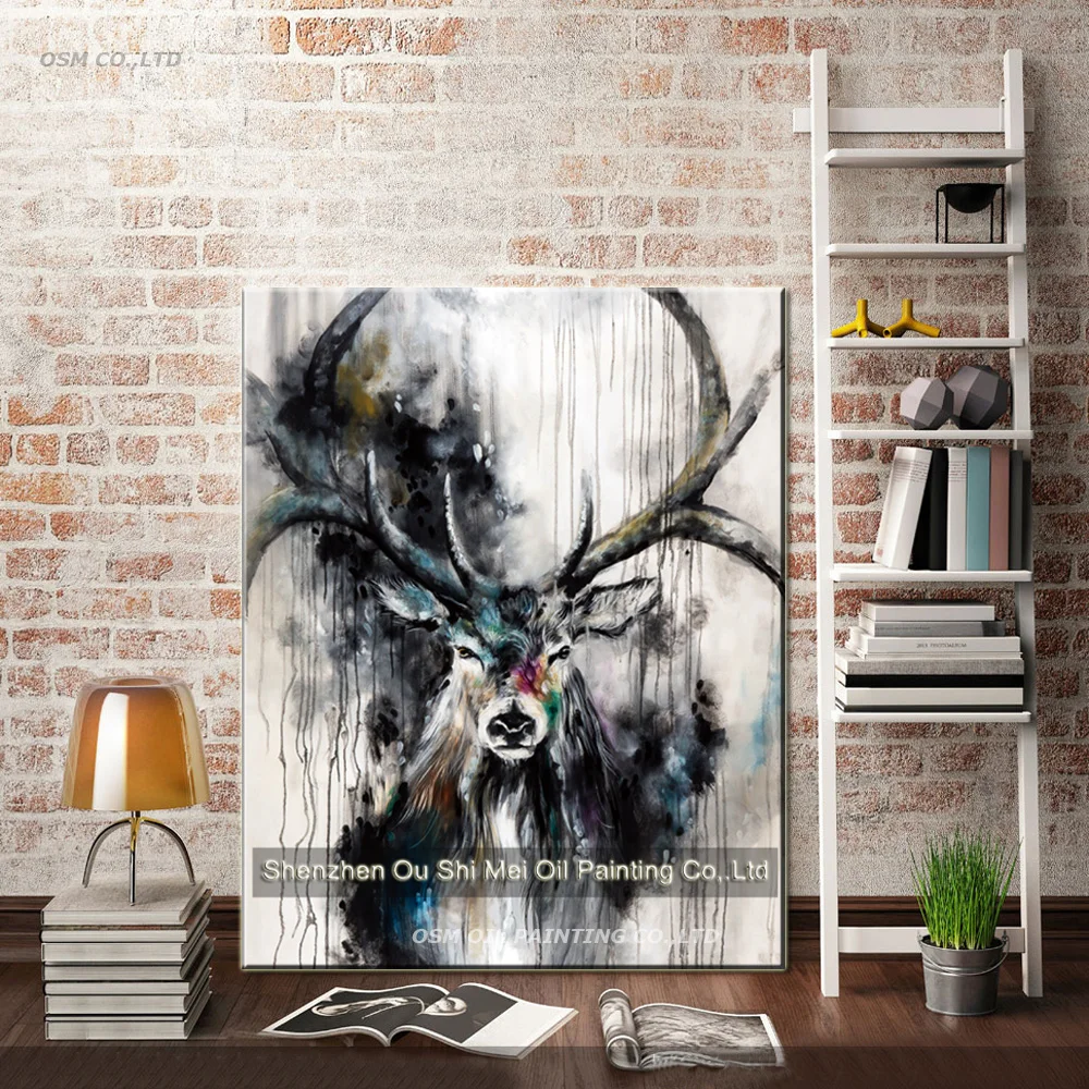 New 100%Hand Painted Beautiful Black White Deer Paintings Inky Color Antler Animals Oil Painting On Canvas for Living Room Decor