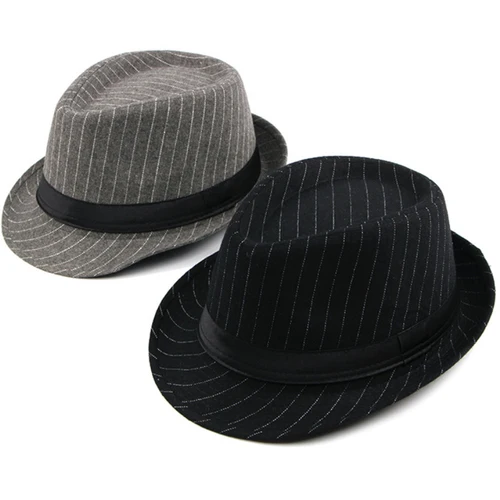 Imagen 2 del producto HT1516 sombrero de Fedora para hombre, sombrero de estilo británico a rayas, Trilby, clásico, Retro, Derby, Bowler, Jazz, informal, gris, negro