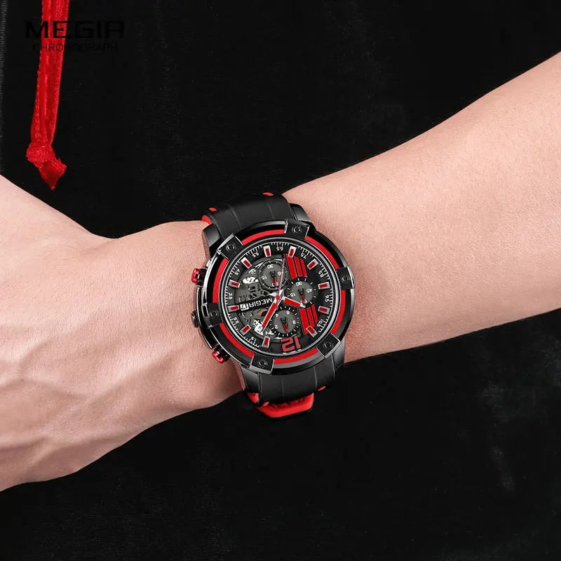 Megir Men\'s Sports Quartz Watches Army Military Chronograph Wristwatch for Man Luminous Relogios Masculino Clock  2097 Black Red