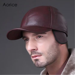 Aorice Men Genuine Leather Cowskin Cap 100% Real Leather Russian Autumn Winter Warm Army Ears Solid Color Fashion Hats HL032