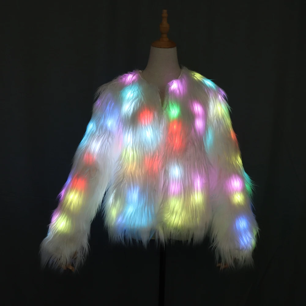 Women Faux Fur Coat Valentine Gift LED Multi-Color Warm Hoodie Vest With Shiny Lights Jacket Light Up Costum