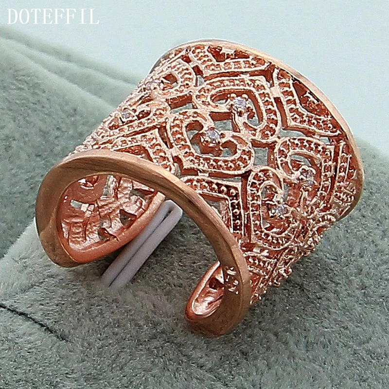 DOTEFFIL 925 Sterling Silver Rose Gold Big Net Weaving Ring For Women Wedding Engagement Party Fashion Charm Jewelry