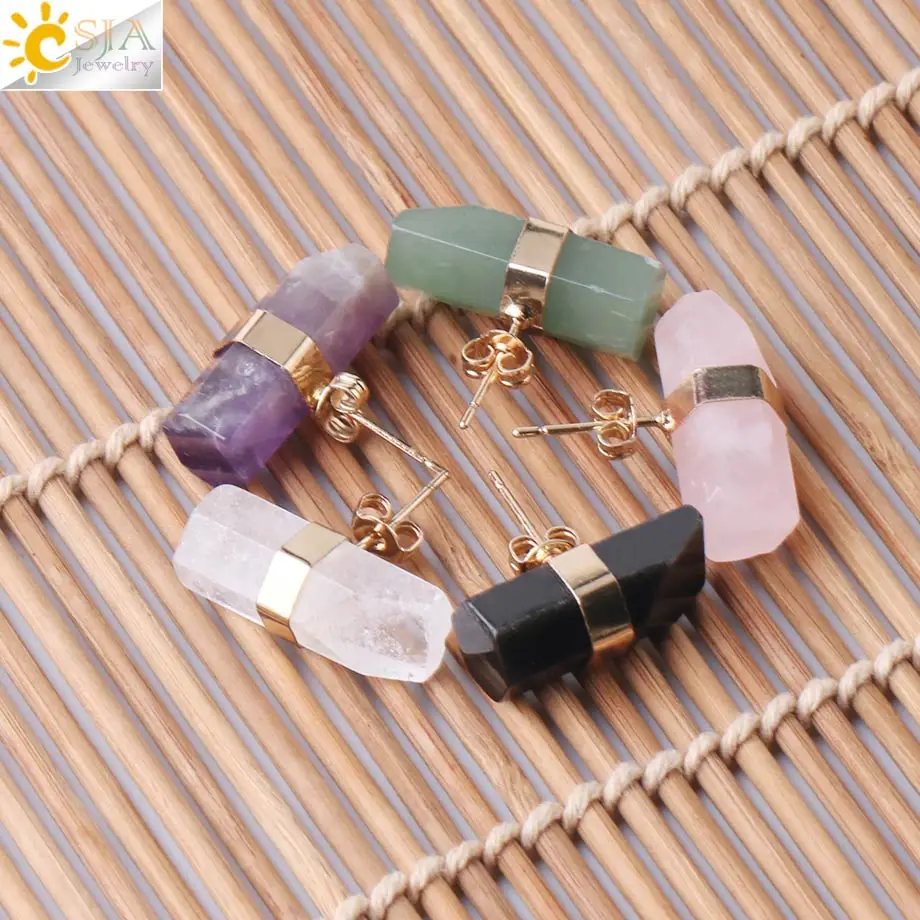 CSJA Natural Stone Stud Earrings Geometric Crystal Pillar Pink Quartz Earring for Women Healing Fashion Ear Jewellery G033