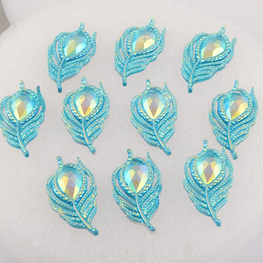 BOLIAO 10Pcs 20*38mm( 0.79in*1.5in ) Peacock Leaf Resin Shining Light Blue Crystal Flatback No Hole Glue Home Holiday Decoration