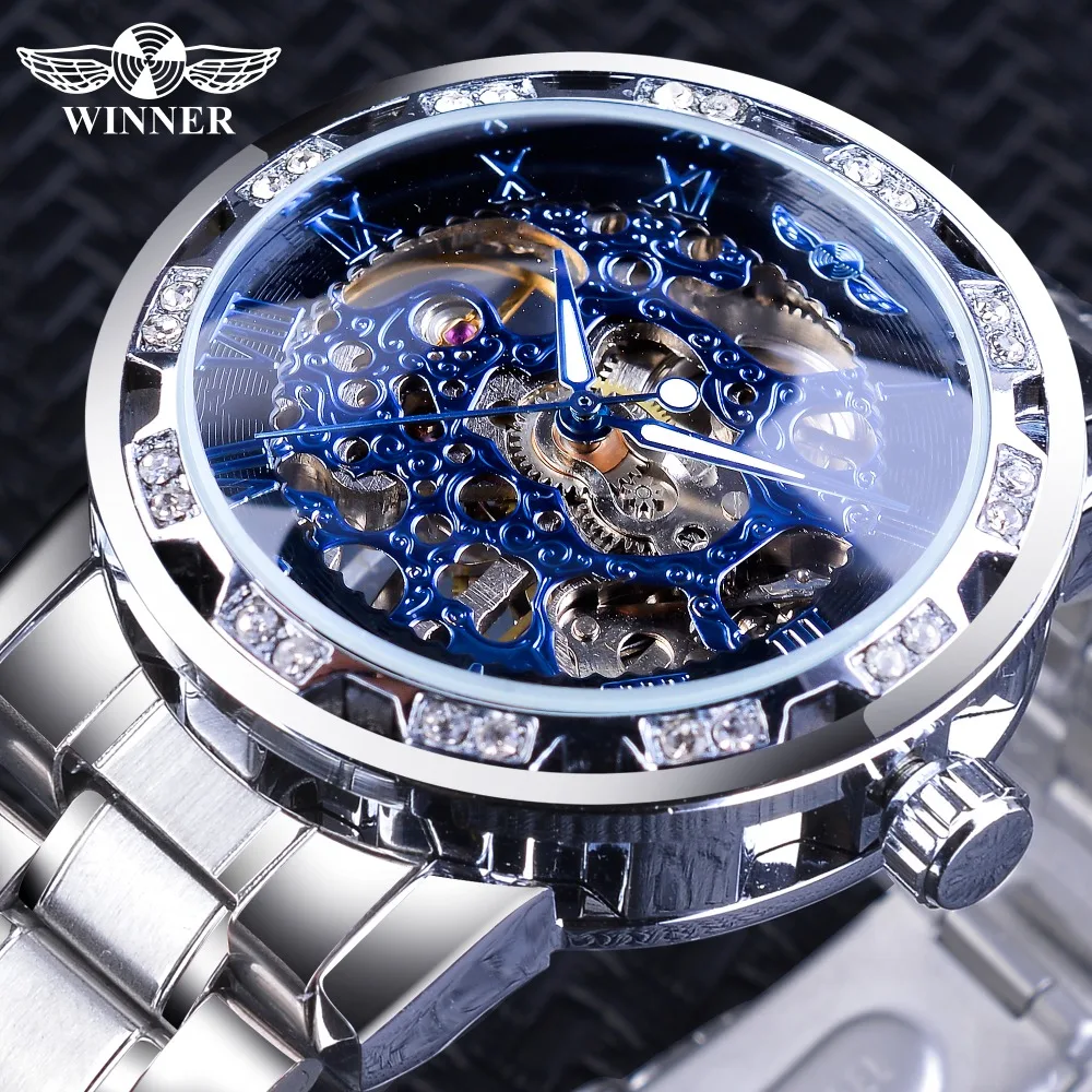 Winner Blue Watches Diamond Design Skeleton Men's Mechanical Wrist Watches Clock Male Luminous Hands Silver Stainless Steel