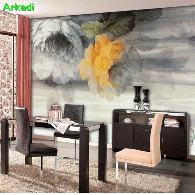 European retro living room TV background wallpaper hand paint retro vintage Peony wall painting restaurant sofa abstract floral