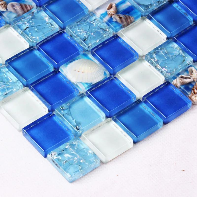 Crystal Galss Shell Resin Mosaic Tile Blue White mother of pearl wall tile kitchen backsplash bathroom background 3D wallpaper