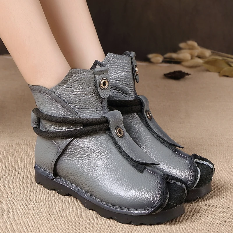 Winter Genuine Leather Women Boots Lady Handmade Soft Ankle Boot Women comfortable casual shoes Woman national style short boots
