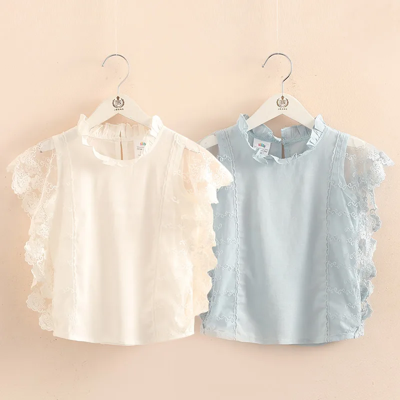 2023 Hot Summer New Design2 3 4 6 8 9 10Years Thin Sweet Cute Solid Color Lace Patchwork Blouse Baby Kids Girls Sleeveless Shirt