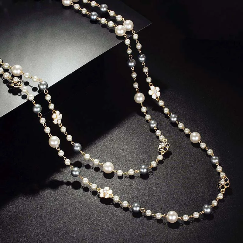 Fashion vogue Pretty White and Gray simulated Pearl Long necklace with black or white flower ornamented women jewelry girl gift