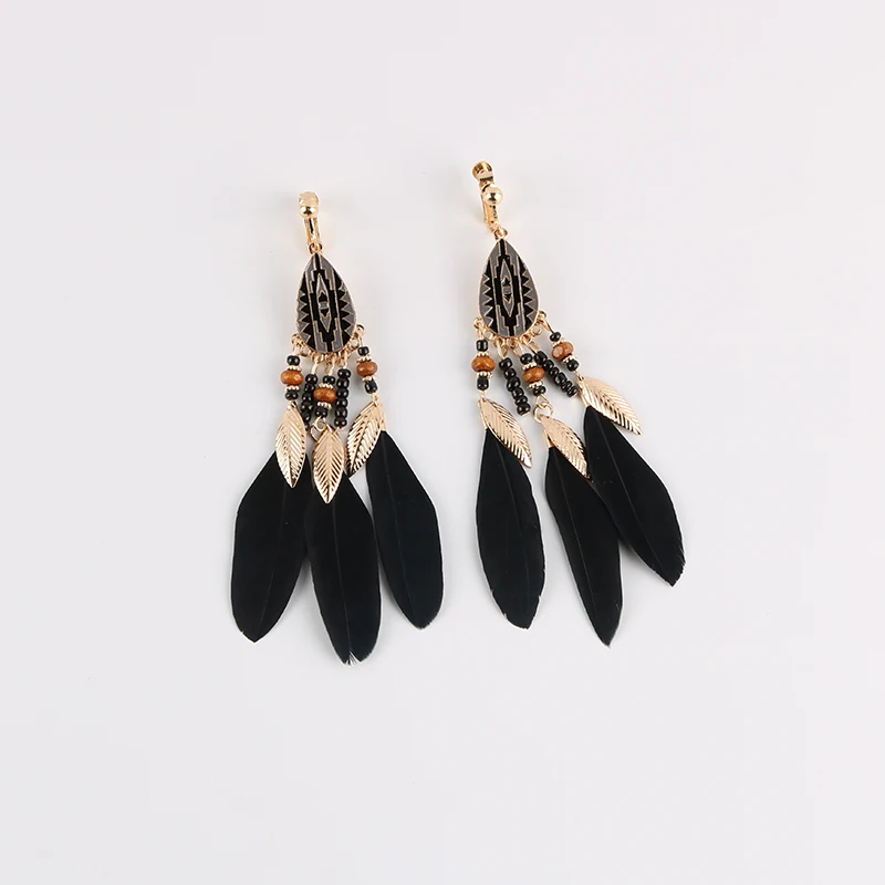 Fashion Bohemian Long Tassel Enamel Feather Clip on Earrings for Women Without Piercing Hanging Ear Clips Female Bijoux 2018