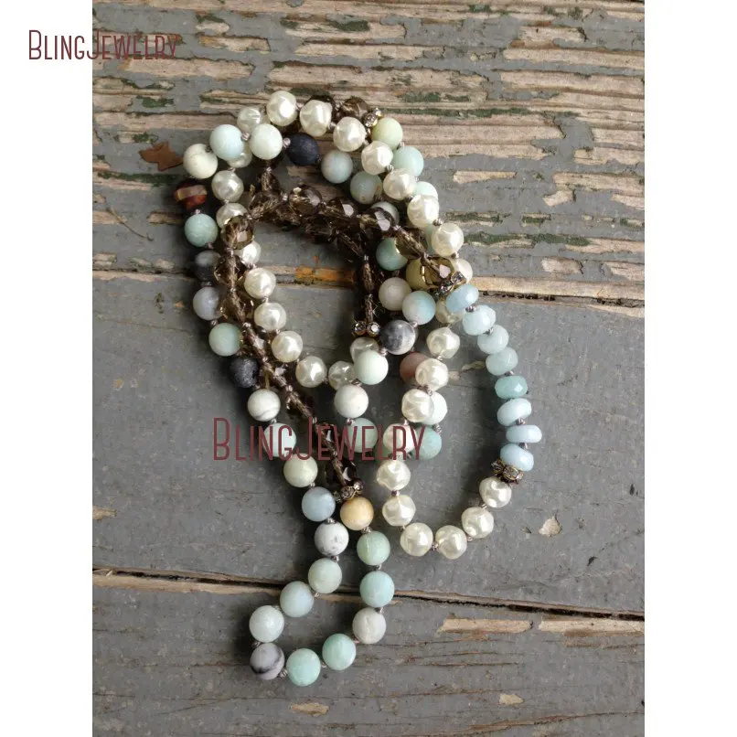 

Knot Stone Beads Necklace Matte Amazonite and Pearls NM20617