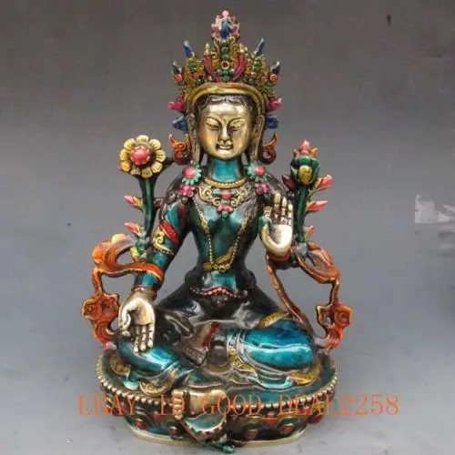 Exquisite Chinese Hand-carved Cloisonne Buddhism Statue -- Green Tara Buddha