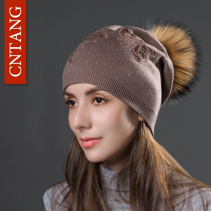 CNTANG Fashion Rhinestone Butterfly Knitted Wool Caps Autumn Winter Warm Women\'s Hats For Natural Raccoon Fur Pompon Beanies Hat