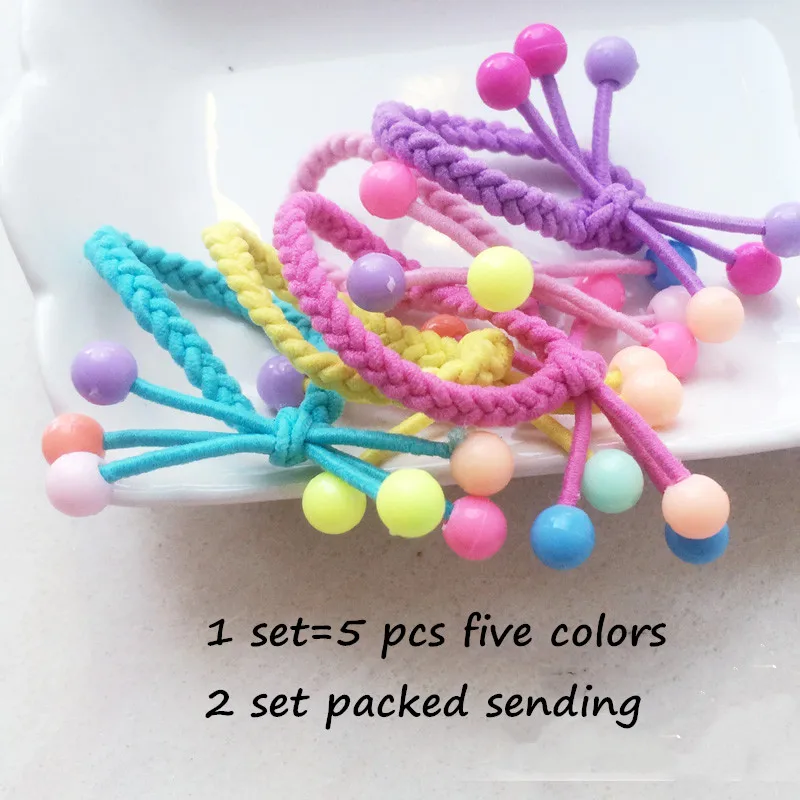 10PCS/Lot Lovely Small Beads Hair Ties Hand-knitted Knotted Elastic Hair Band Bow Ponytail Hair Rope For Kids Hair Accessories