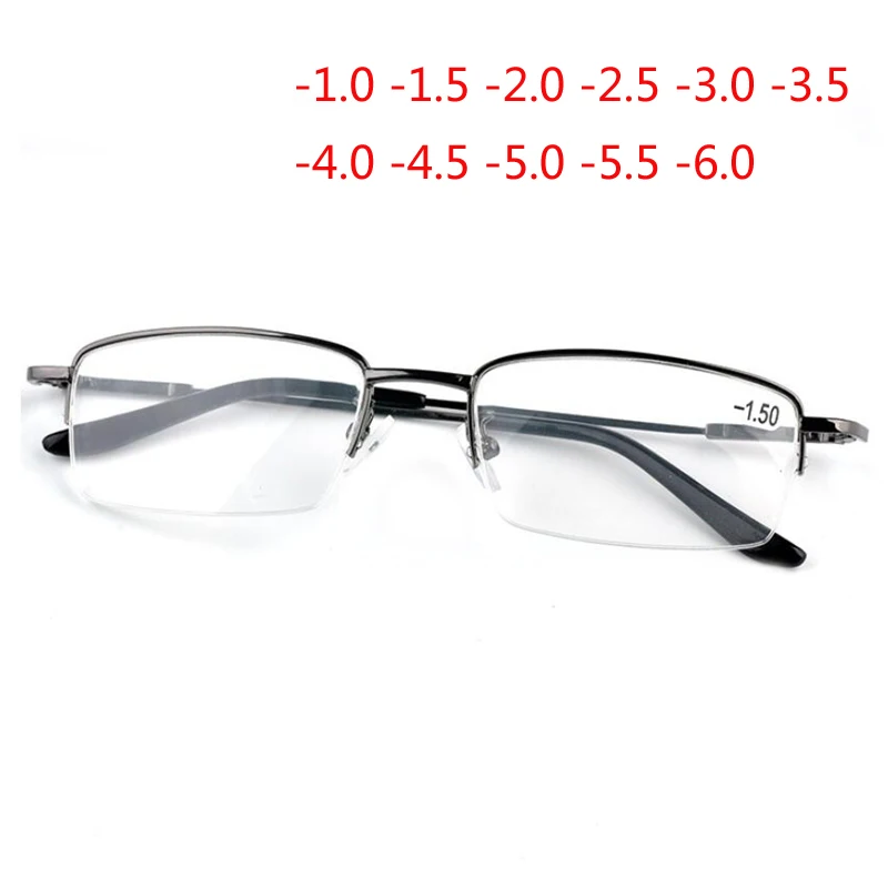 -1.0 -1.5 -2.0 To -6 Ultralight Half Frame Square Myopia Glasses Finished Men Fashion Metal Semi-Rimless Nearsighted Eyeglasses