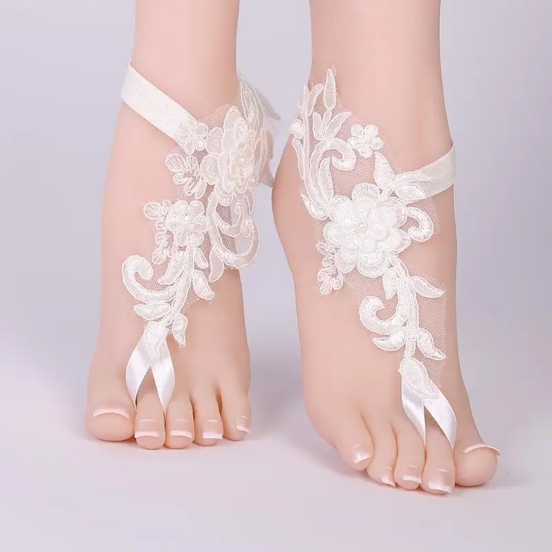 Cavigliera in pizzo da donna della boemia con fiocco floreale, accessori per piedi da sposa da spiaggia, puntelli per foto di Halloween femminili