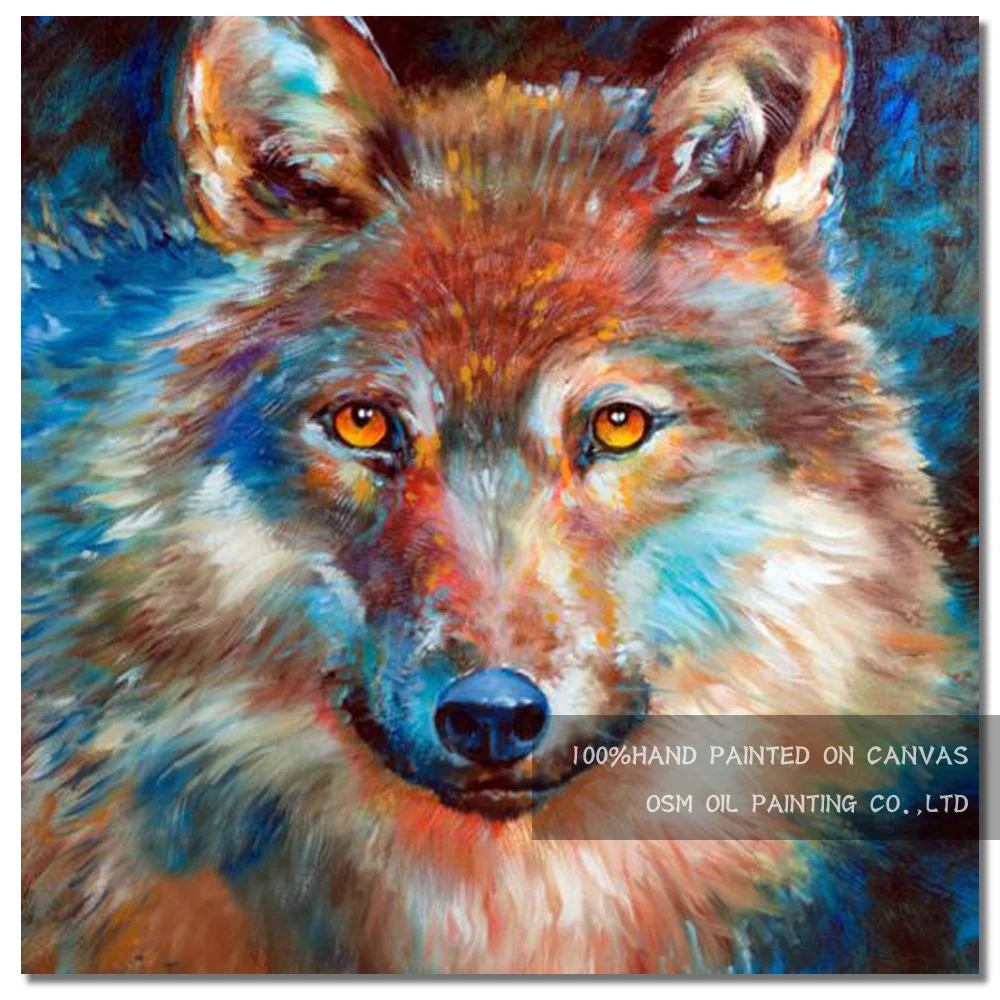 New Design Expert Artist Pure Hand-painted High Quality Modern Abstract Animal Colorful Timber Wolf Head Oil Painting on Canvas