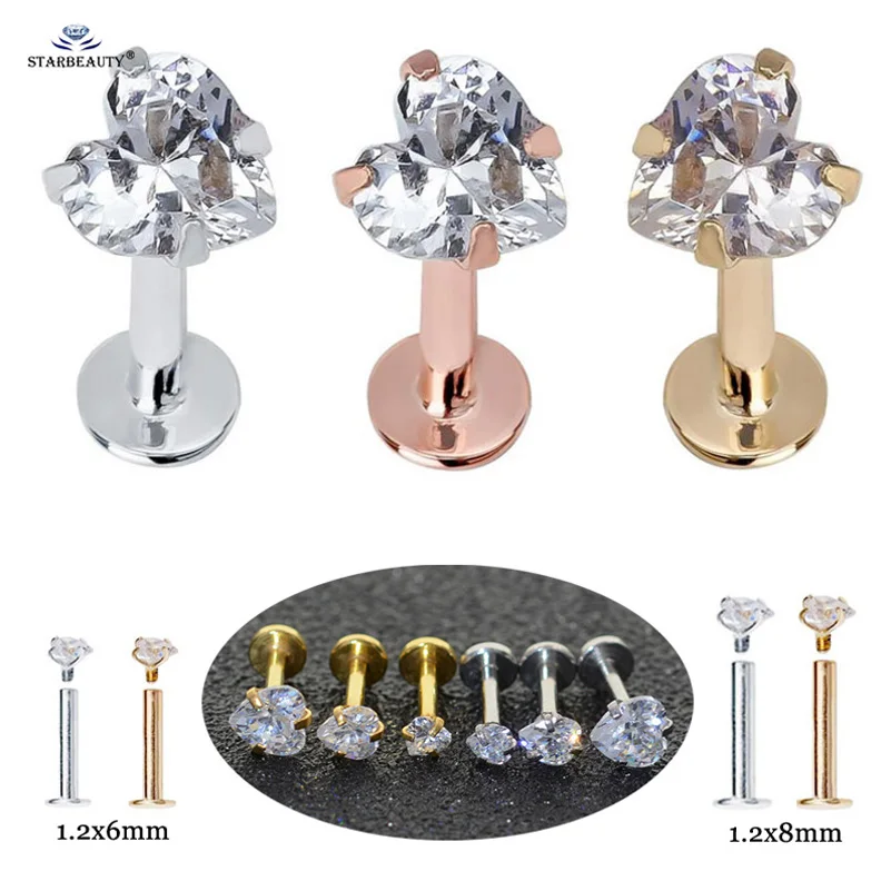 Starbeauty 1pc 16Gx6/8mm 3/4/5mm Heart Gem Nose Ring Ear Nose Piercing Nariz Labret Lip Helix Piercing Tragus Earring Jewelry
